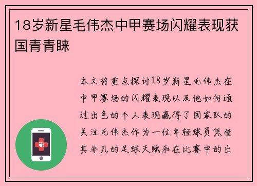 18岁新星毛伟杰中甲赛场闪耀表现获国青青睐 18岁新星毛伟杰中甲赛场闪耀表现获国青青睐
